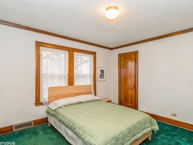 bedroom with dark carpet