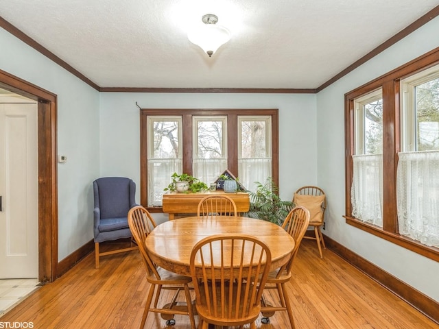 dining room featuring crown molding, a textured ceiling, and light hardwood / wood-style floors