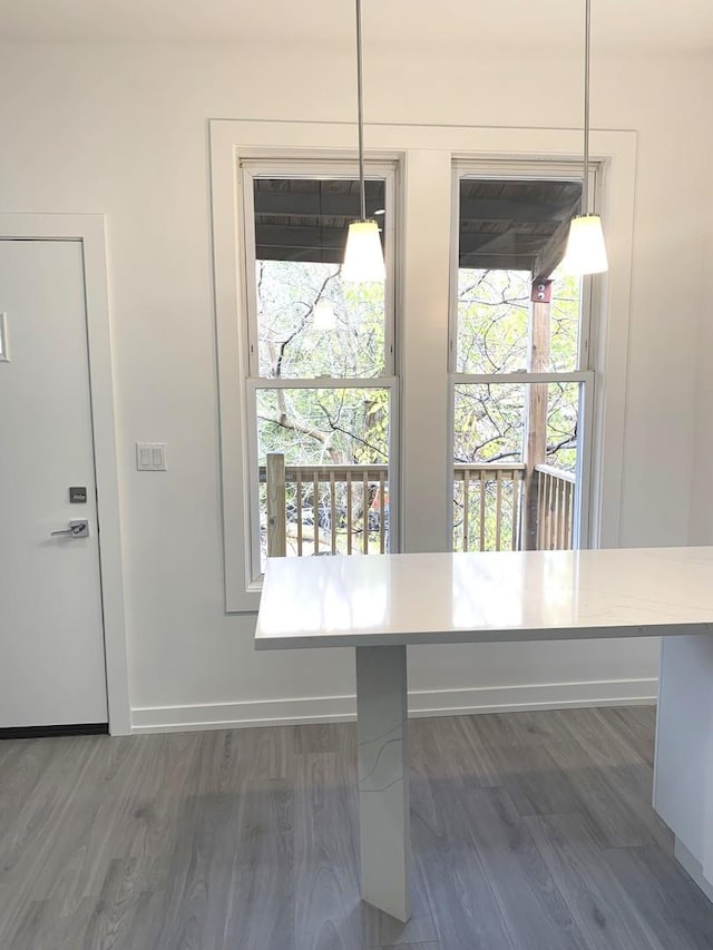 unfurnished dining area featuring dark wood-type flooring and a wealth of natural light