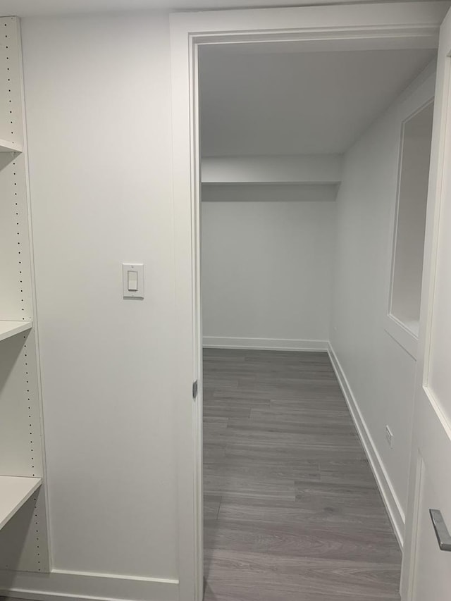 walk in closet with dark hardwood / wood-style floors