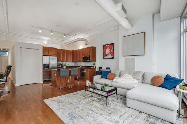 living room with wood-type flooring and rail lighting