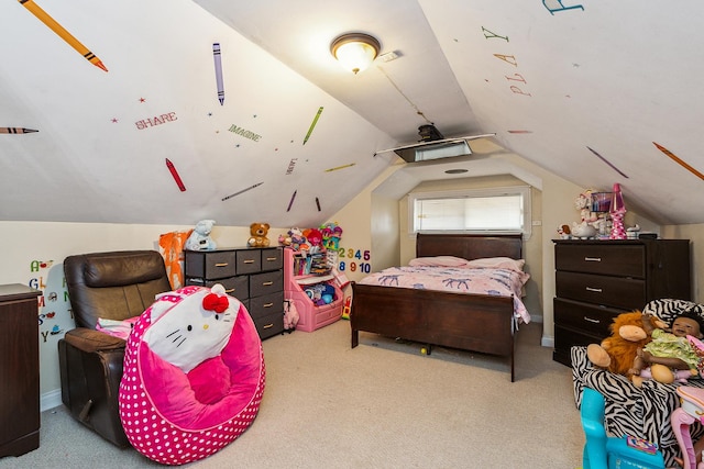 carpeted bedroom featuring vaulted ceiling