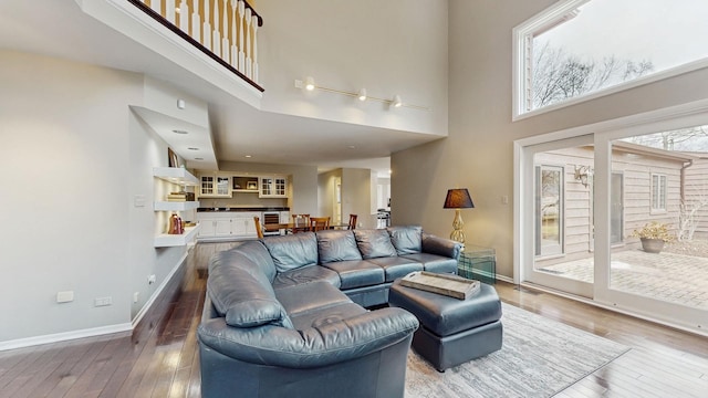 living room with wood-type flooring and a towering ceiling