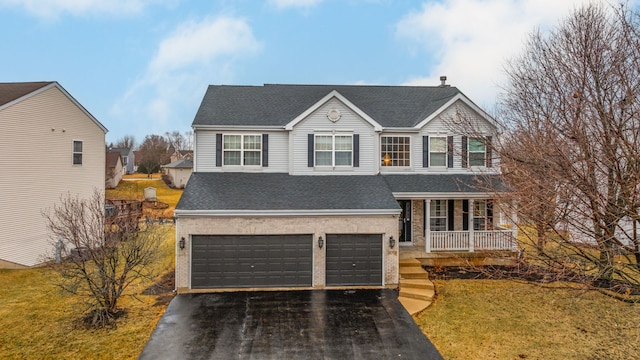 traditional-style home featuring covered porch, brick siding, driveway, and roof with shingles