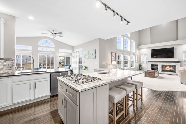 kitchen featuring stainless steel appliances, open floor plan, a sink, a stone fireplace, and vaulted ceiling