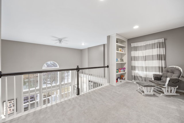 sitting room featuring carpet floors, baseboards, a ceiling fan, and recessed lighting