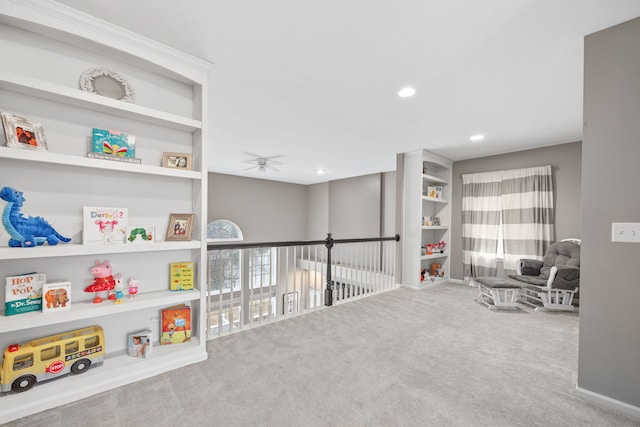 recreation room featuring ceiling fan, baseboards, carpet flooring, and recessed lighting