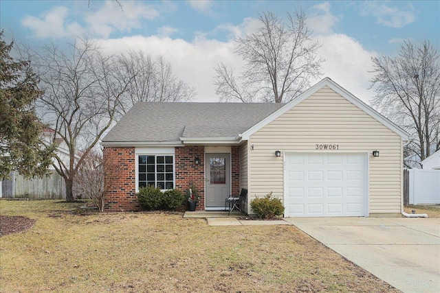 ranch-style home with a garage and a front lawn