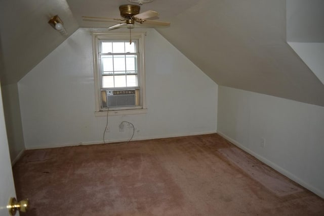 bonus room with lofted ceiling, cooling unit, ceiling fan, and carpet