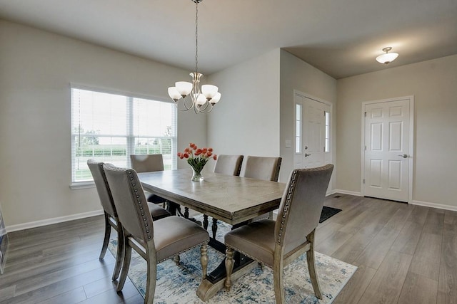 dining room featuring wood-type flooring and a notable chandelier