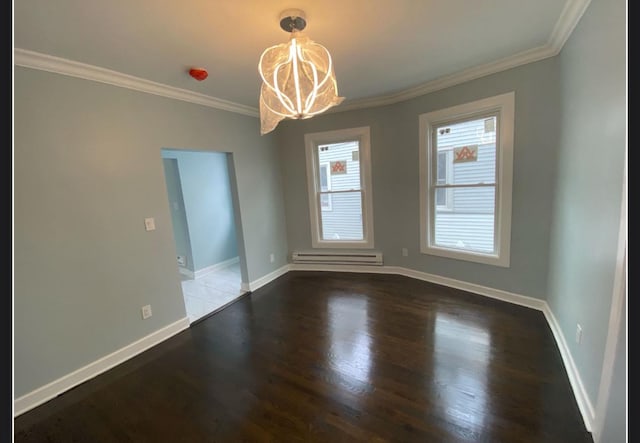 empty room with ornamental molding, dark wood-type flooring, an inviting chandelier, and a baseboard radiator