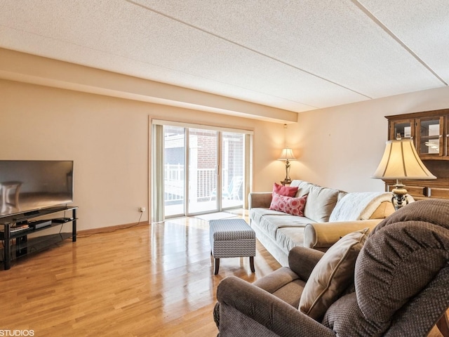 living room featuring a textured ceiling and light hardwood / wood-style floors