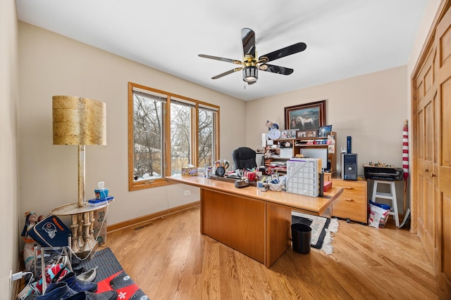 office with ceiling fan and light hardwood / wood-style floors