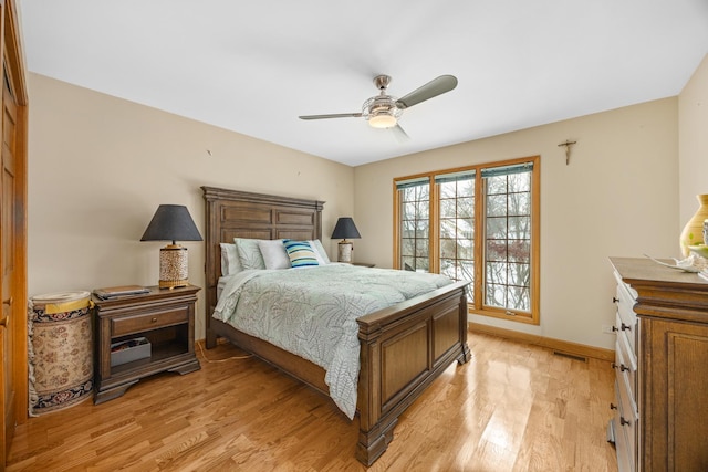 bedroom with ceiling fan and light hardwood / wood-style floors