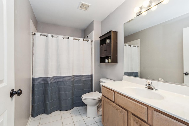 bathroom with tile patterned flooring, vanity, curtained shower, and toilet