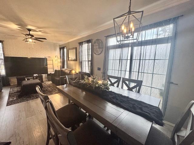 dining room featuring hardwood / wood-style flooring, ornamental molding, and ceiling fan with notable chandelier