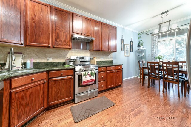 kitchen with ornamental molding, stainless steel range with gas cooktop, sink, and light wood-type flooring