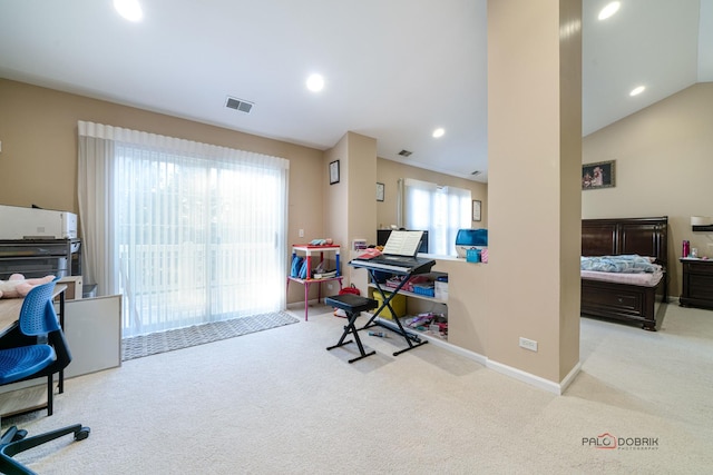 carpeted office with vaulted ceiling