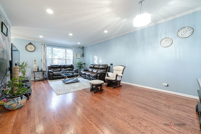 living room with hardwood / wood-style floors and crown molding