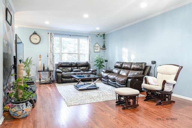 living room with crown molding and hardwood / wood-style floors