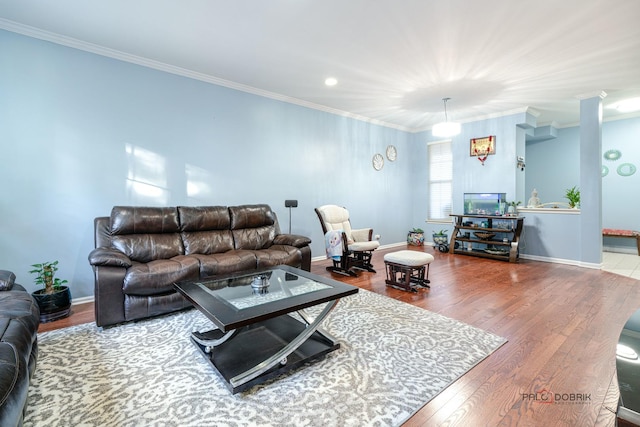 living room featuring ornamental molding and wood-type flooring