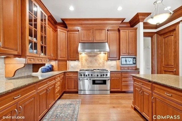 kitchen with ornamental molding, appliances with stainless steel finishes, exhaust hood, and light stone counters