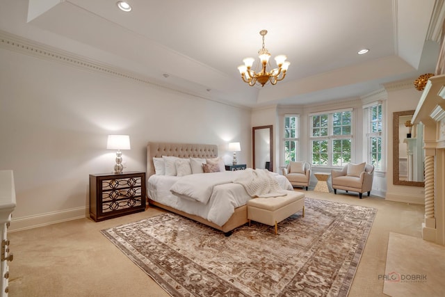 carpeted bedroom with a raised ceiling, crown molding, and a chandelier