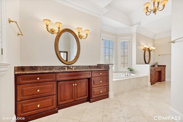 bathroom with tile patterned flooring, vanity, tiled tub, and crown molding