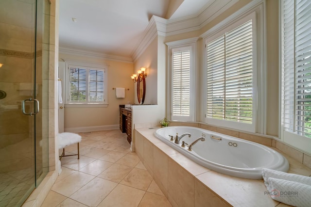 bathroom with ornamental molding, plus walk in shower, tile patterned flooring, and vanity