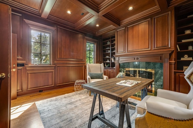 office area with coffered ceiling, wood ceiling, built in shelves, and wood walls