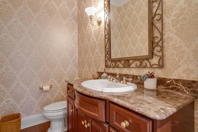 bathroom with vanity, wood-type flooring, and toilet