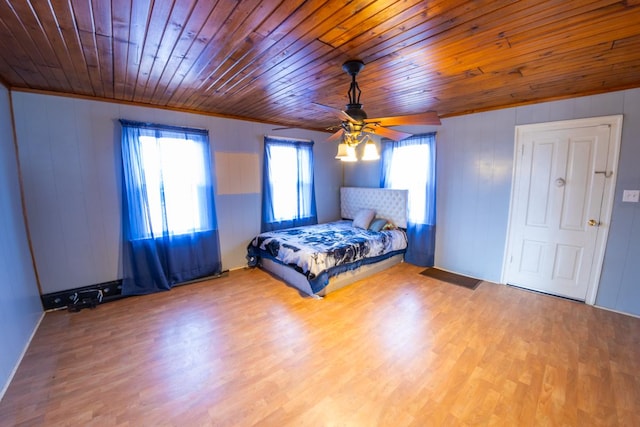 unfurnished bedroom featuring ceiling fan, light hardwood / wood-style floors, and wooden ceiling