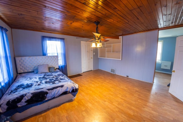 bedroom with ceiling fan, wooden ceiling, and light wood-type flooring