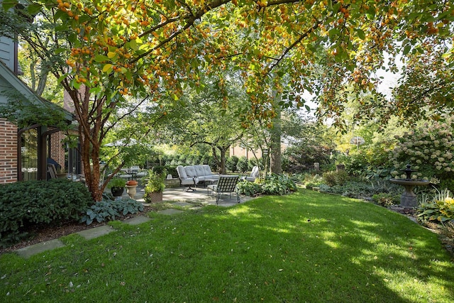 view of yard with a patio and outdoor lounge area