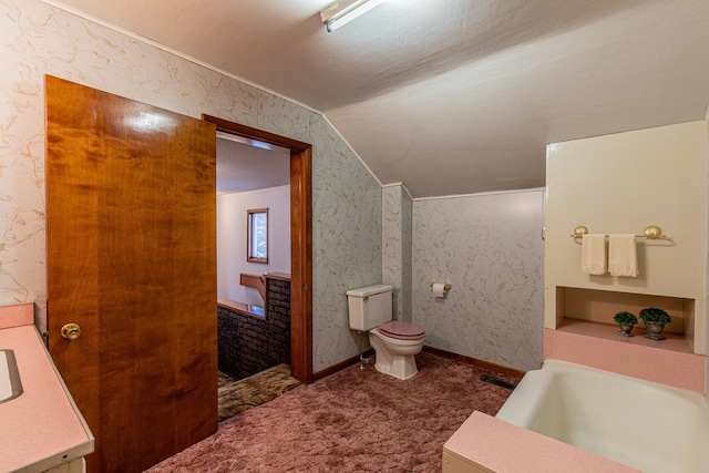 bathroom with lofted ceiling, vanity, a tub, and toilet