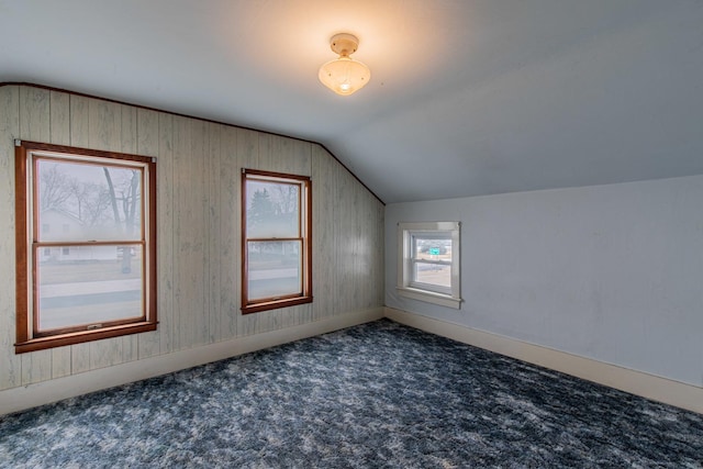 additional living space with lofted ceiling and dark carpet