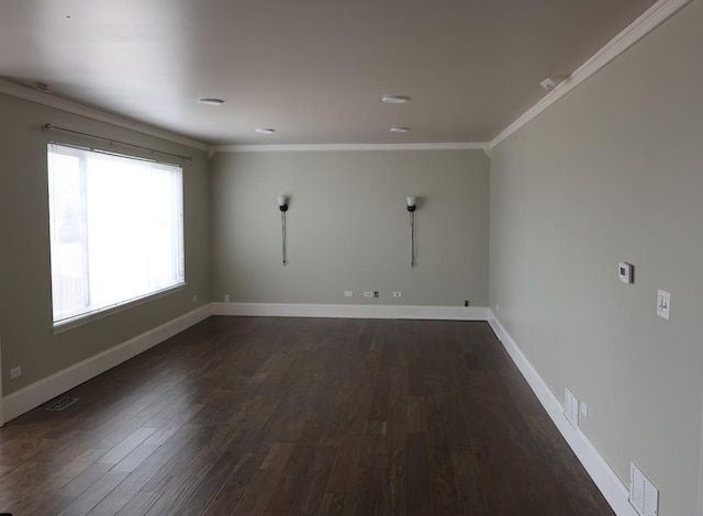 unfurnished room with crown molding and dark hardwood / wood-style floors