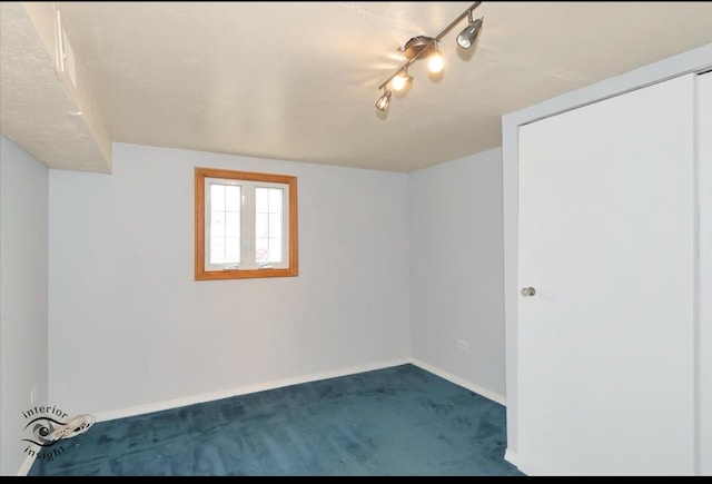 empty room featuring rail lighting and carpet