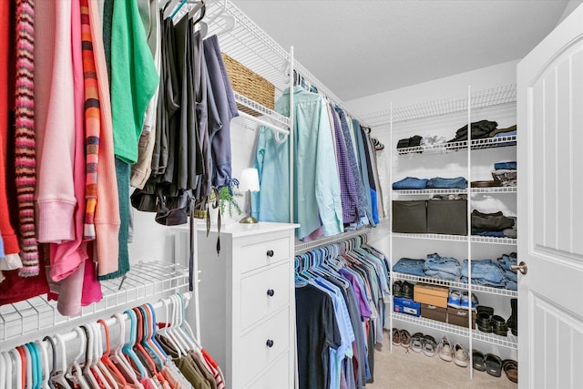 walk in closet featuring carpet flooring