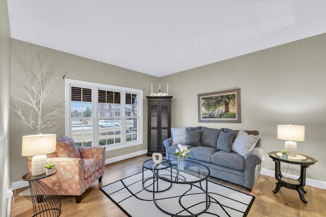 living room with baseboards and wood finished floors