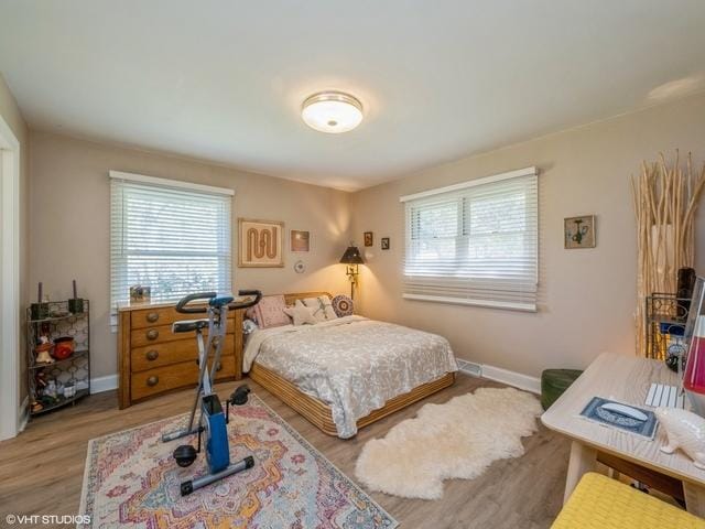 bedroom featuring multiple windows, baseboards, and wood finished floors