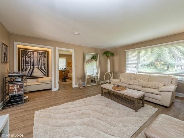 living area featuring wood finished floors and baseboards