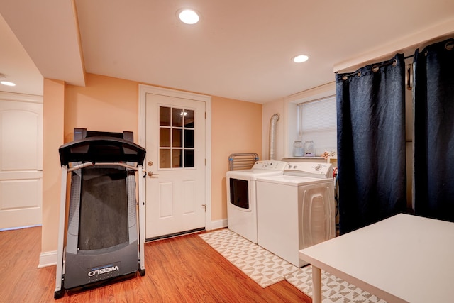 4820 W George St, Chicago, IL 60641 - washroom featuring laundry area, baseboards, washer and dryer, light wood-style floors, and recessed lighting