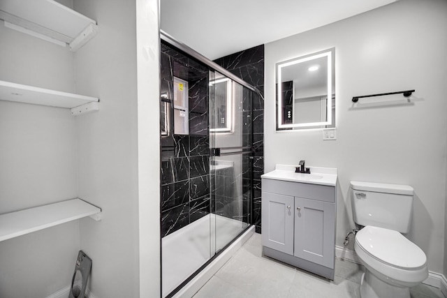 bathroom with walk in shower, vanity, and toilet