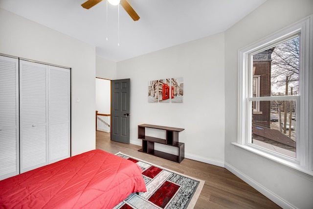 bedroom with wood-type flooring and ceiling fan