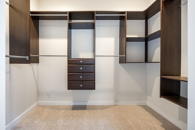 walk in closet featuring light colored carpet