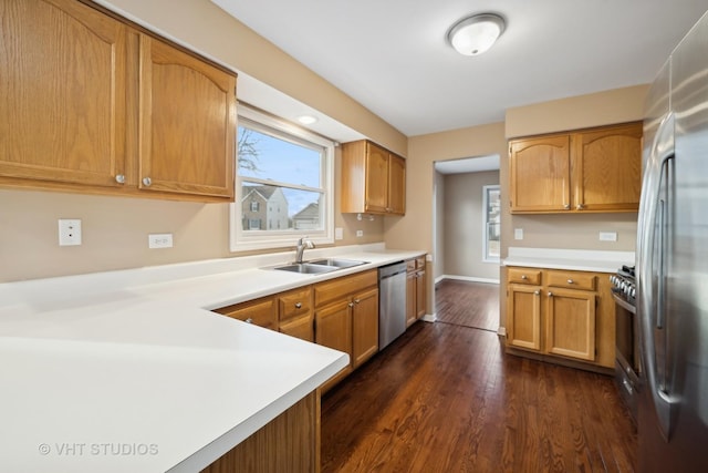 kitchen with dark hardwood / wood-style flooring, sink, plenty of natural light, and stainless steel appliances