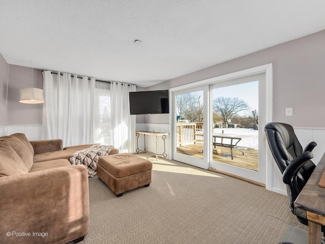 carpeted living room with a textured ceiling