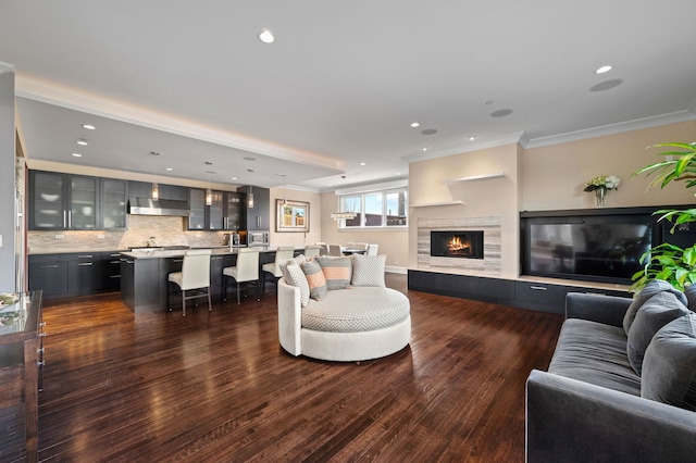 living room with sink, crown molding, and dark wood-type flooring