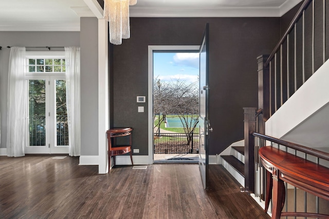 foyer entrance featuring crown molding and dark wood-type flooring